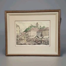 Graz Hauptplatz, Hand colored  Original Etching. Signed Joseph Reinbach. 