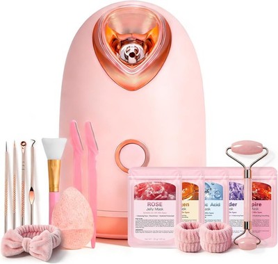 Pjordo Facial Steamer Spa Kit with 17 Skin Care Tools, Nano Ionic Face Steamer f