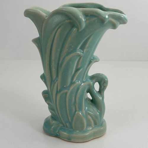 McCoy Art Pottery Green Swan Vase - Vintage 1940s