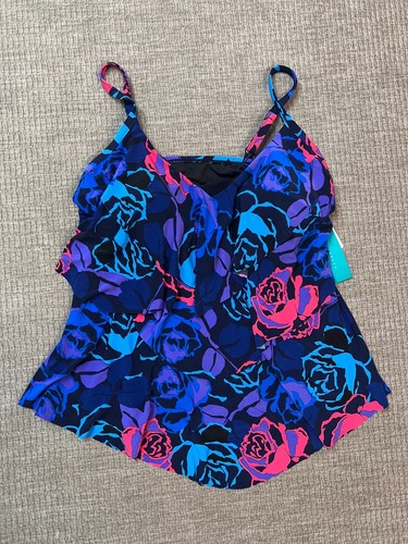 Aqua Green Women's Swimsuit Tankini Top - Blue/Pink Floral - Tiered Top Size 3X - Picture 1 of 5