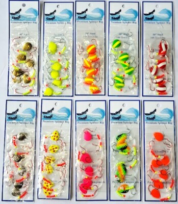6 Walleye Spinner Harness Tandem #4Hook Crawler Rig Colo 2 Blade 50'' 14# Snell