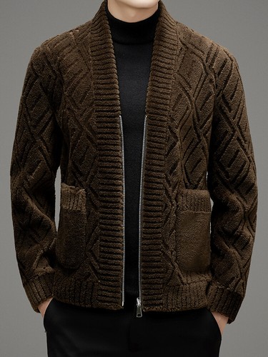 Pure Wool Coat Men's Winter V-neck Jacket Double-sided Lambswool Overcoats Warm - Picture 3 of 17