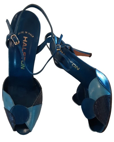 HALSTON vintage années 70 Made Italy nuances de cuir bleu talons à lanières taille 7 wow