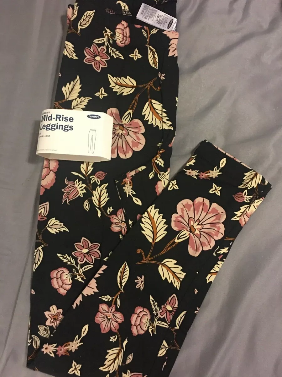 Old Navy Women's Long Mid-Rise Leggings Pants Black Floral Women