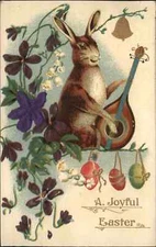 Easter Fantasy Rabbit Playing Music Silk Add-On c1910 Embossed Postcard