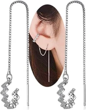 925 Sterling Silver Wave Cuff Tassel Earrings Cubic Zirconia Threader Dangle