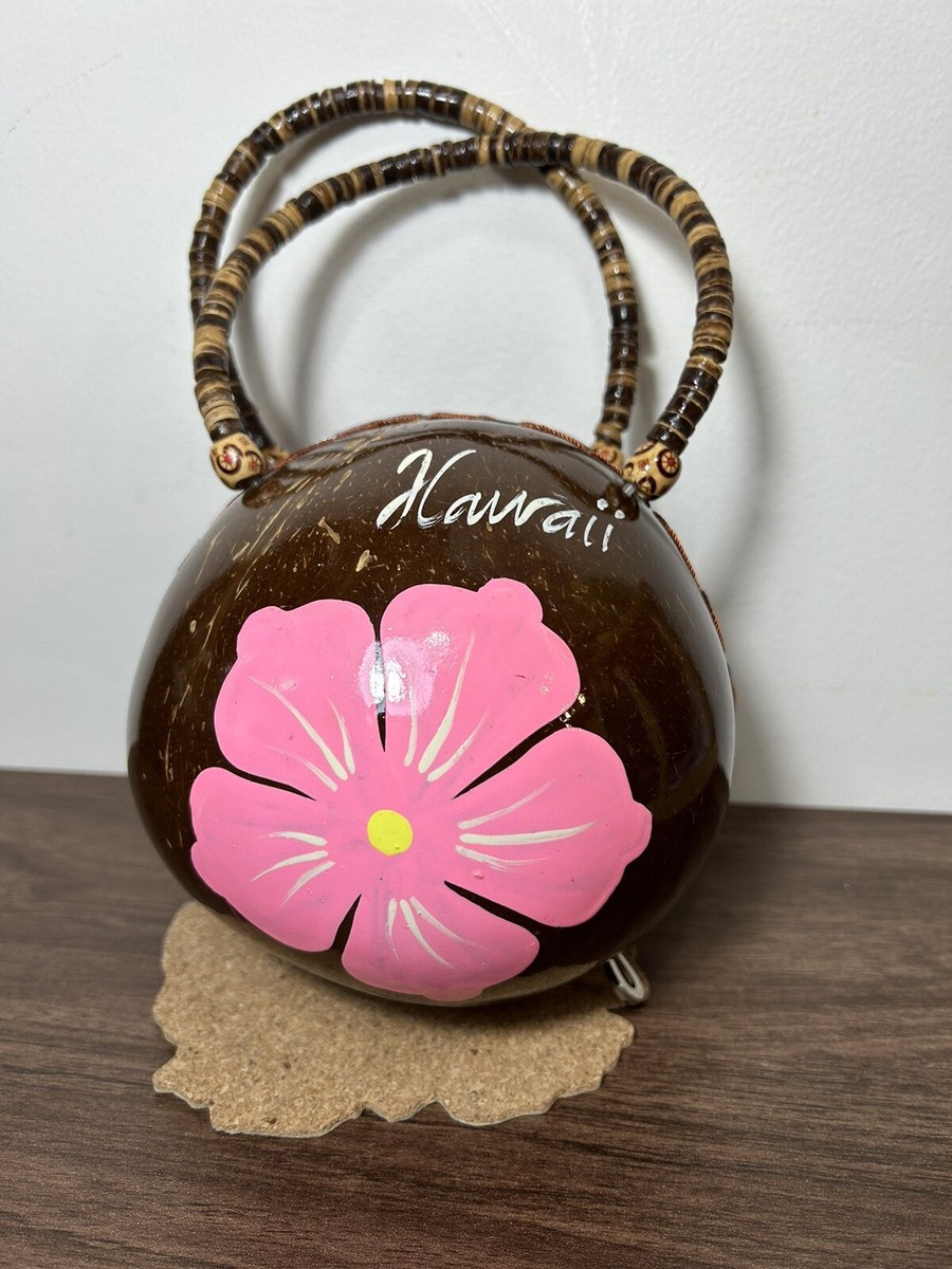 Hawaii Coconut Shell Purse Bag Hibiscus Flower Beaded Handles