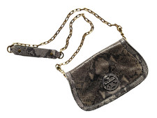 Tory Burch Amanda Snakeskin Print Leather Clutch Crossbody Purse Bag Chain Strap