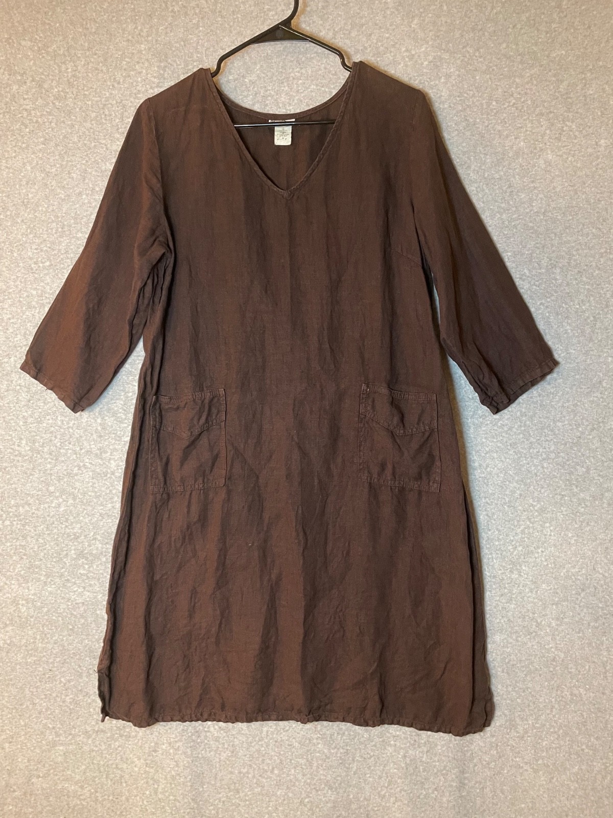 Matchpoint Linen Dress Medium Chocolate Brown Chore Pockets 3/4 Sleeve
