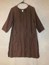 Matchpoint Linen Dress Medium Chocolate Brown Chore Pockets 3/4 Sleeve