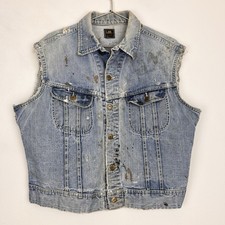 Vintage 80s Lee Vest Denim Jacket Cut Off Worn Biker Distressed Sz 46