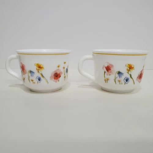 Arcopal France Coffee Tea Cups ~ Floral Pink Yellow Blue ~ 2.5" Tall ~ Set Of 2