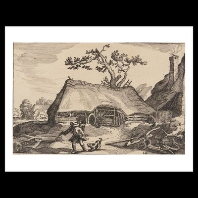 Claes Jansz. Visscher - Farm with Shed for a Cart, Man with Barking Dog, from La