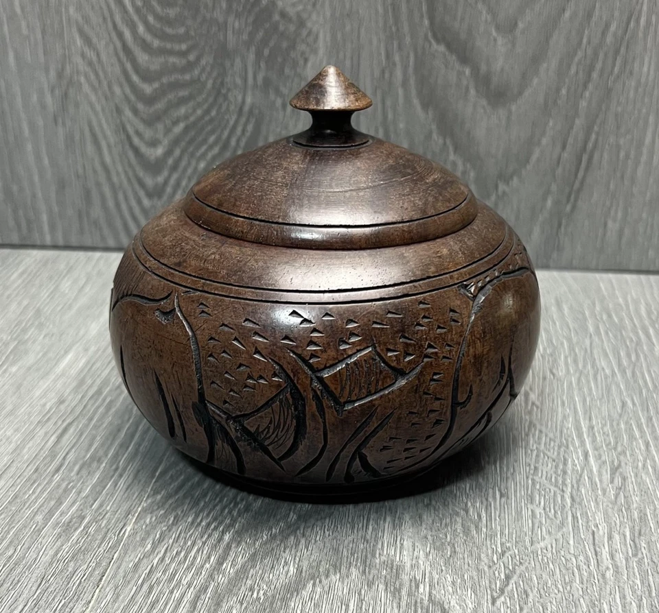 Hand Carved Wooden Lidded Bowl Jar Elephant Motif Trinket Box Rustic Decor Art - Image 2 of 4