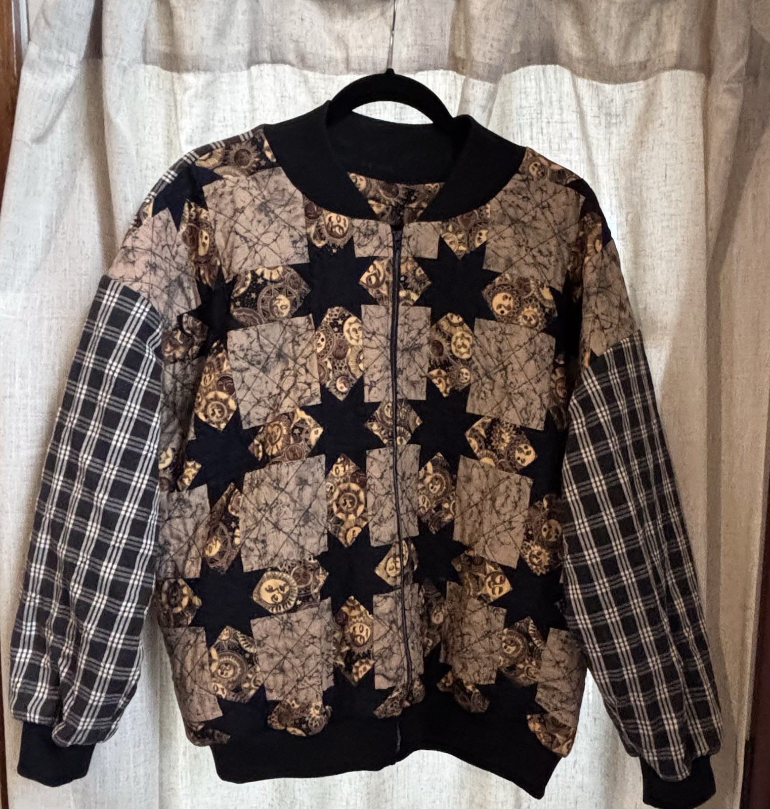 Patchwork Quilt Star Bomber Jacket Plaid Sleeve S… - image 3