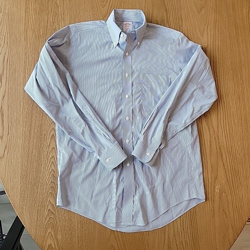 Brooks Brothers Camicia Abito Uomo 14,5 - 34 Blu Bianco Righe Preppy Non Ferro - Foto 2 di 9