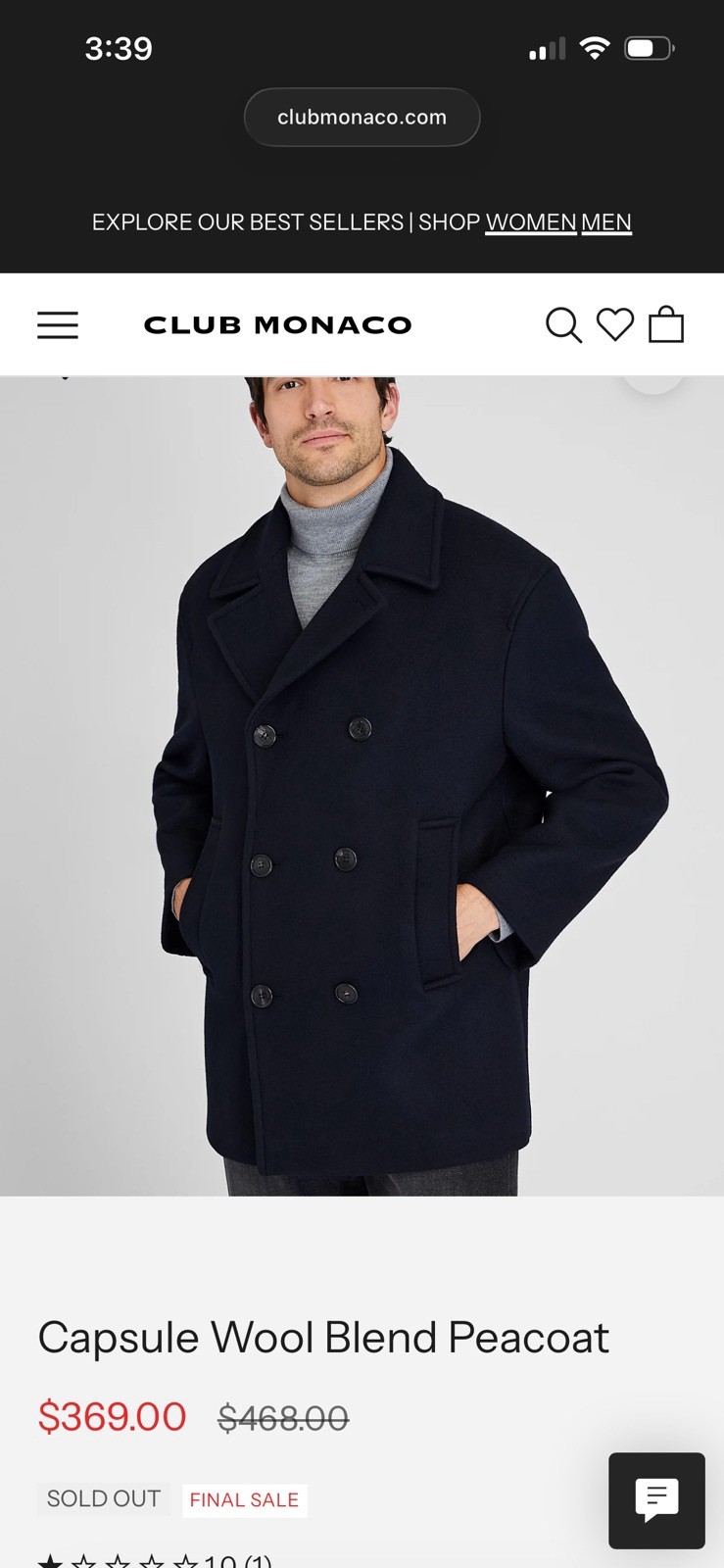 Club Monaco Men’s Italian Wood Peacoat Size Small Black