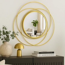 Premium Large Round Gold Wall Mirror – Artistic Metal Hanging Mirror Ideal for