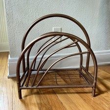 Vintage 80s MCM Wave Brass Magazine Rack with PATINA Metal Storage LPs Books
