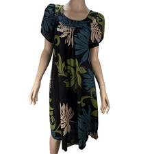 Bishop St Vintage Hawaiian Dress Size L Black Tropical Floral Short Tulip Sleeve