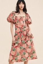 Anthropologie Farm Rio Midi Dress Coral Pineapple Bloom Vacay Preppy Small NWT