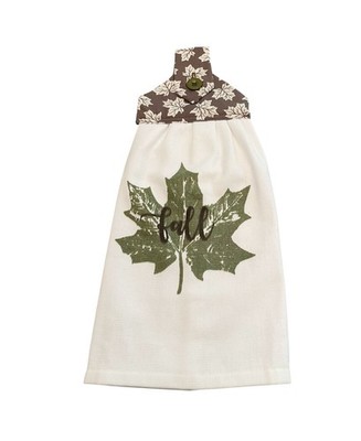 Autumn Handmade Hanging Dishtowel ''Fall'' on Green Leaf White Towel