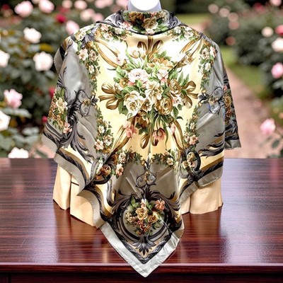 Beautiful  Lancel Paris 100% Silk Satin Scarf 34'' beige olive green floral  (34