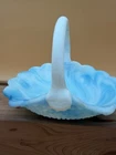 Vintage Fenton Glass Basket Blue Slag Hobnail Glass Crimped Ruffle 6.5"