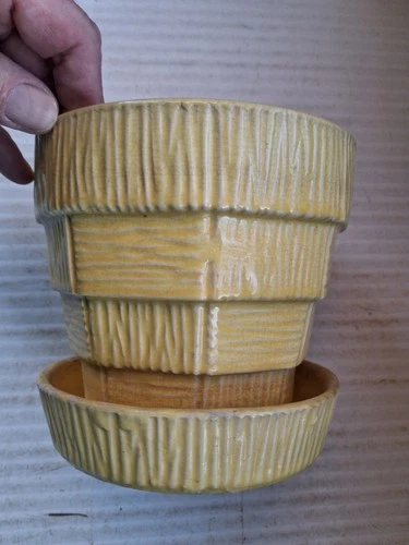 Vintage McCoy Pottery Yellow Basketweave 5 3/4" Flower Pot Attached Saucer