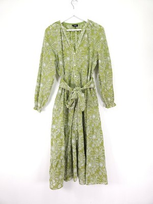 ME+EM Kleid Größe 12 Grün Blumenmuster Lochstickerei Anglaise Baumwolle Midi Gürtel