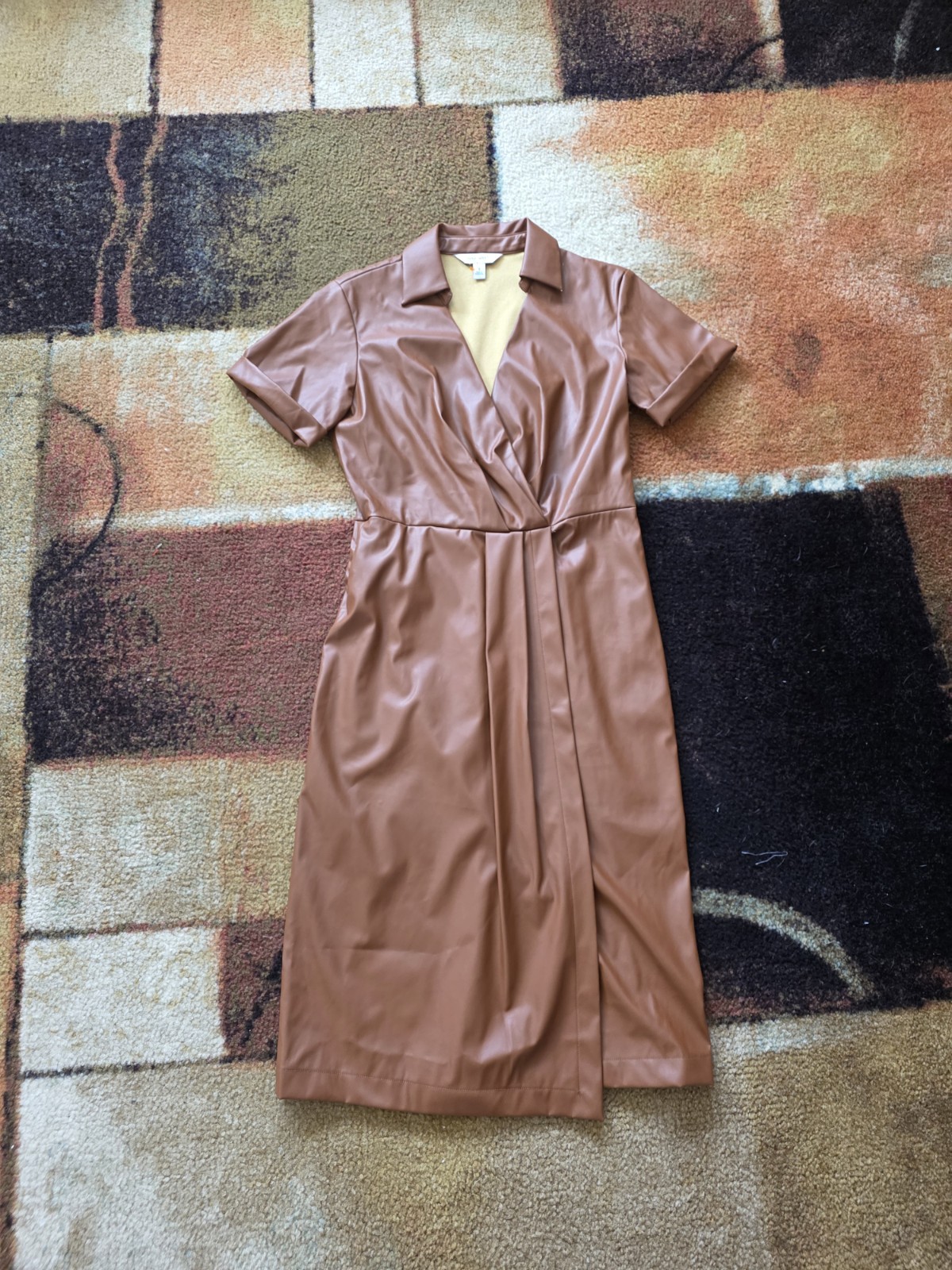 Nine West Brown Faux Leather Wrap Dress Collared Short Sleeve Midi S