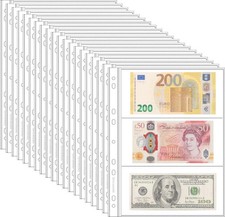 20 Sheets Currency Pages for Paper 20 Sheets 3 Pockets/Sheet , Transparent