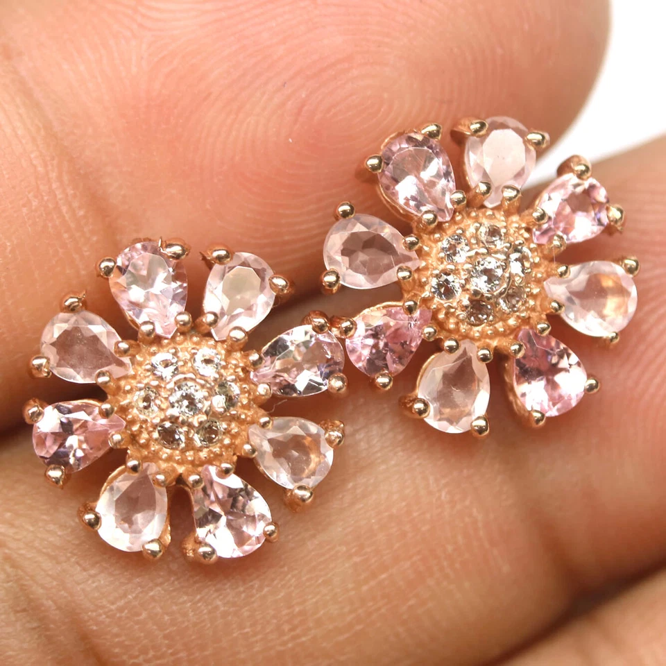 无加热粉红色碧玺和立方氧化锆耳环 925 纯银 — 第 2/4 张图片