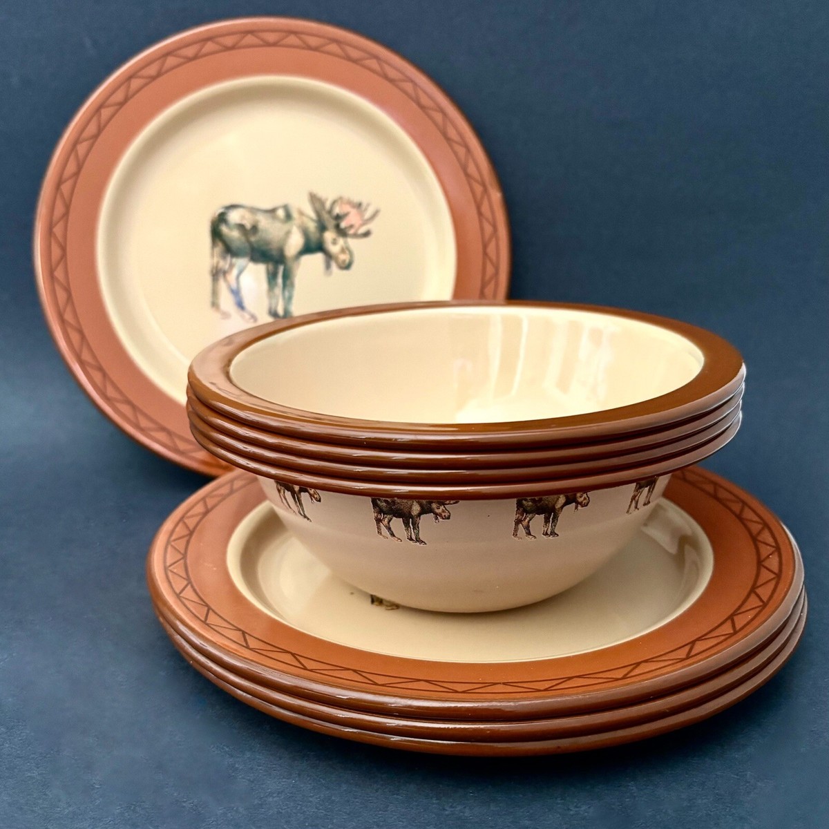 Marble Canyon Moose Cereal Bowls and Salad Plates Enamelware Western
