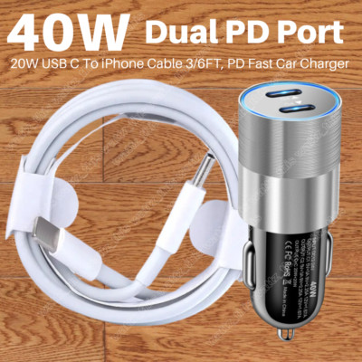 40W USB-C Fast Car Charger For iPhone 14 13 12 11 Pro Max XR 8 iPad Type-C Cable