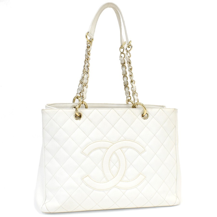 CHANEL White Leather GST Tote Bag with Chain Shoulder Strap A50995