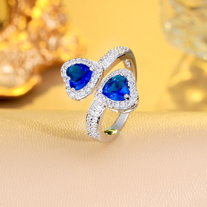 Silver Plated Double Blue Love Heart Cubic Zircon Adjustable Wrap Ring for  Women