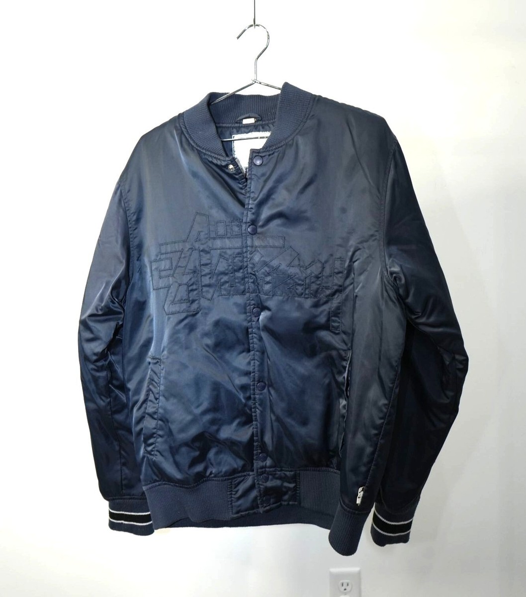 Vintage Stussy Logo Embroidered Snap Bomber Jacket Navy Blue