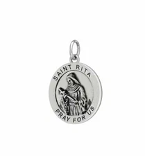 US Jewels Ladies 3/4in Antiqued 0.925 Sterling Silver Saint Rita Medal Pendant