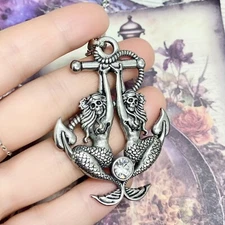 Mermaid anchor necklace two skulls stainless steel clear crystal by Controse
