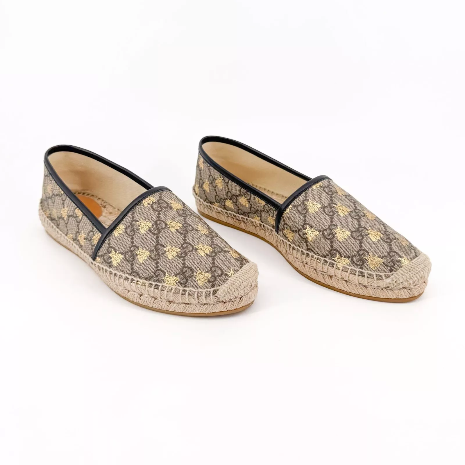 Chaussures plates Gucci Supreme GG Bee Espadrilles EU 39 US 9 beige monogramme toile corde