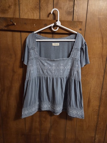 Lucky Brand Blue Boho Baby Doll Top Embroidered with Square Neck XXL - Picture 3 of 6