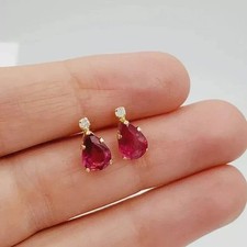 14K Yellow Gold Plated Red Ruby 2Ct Pear Cut Lab-Created Women's Stud Earrings