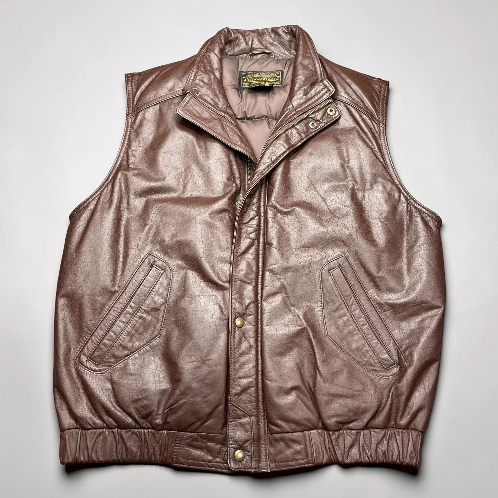 Vintage Eddie Bauer Brown Leather Goose Down Puffer Vest Mens Large V217