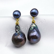 16-20MM ECHTE NATÜRLICH SCHWARZE KESHI BAROCK PERLE BAUMELN OHRSTECKER OHRRINGE