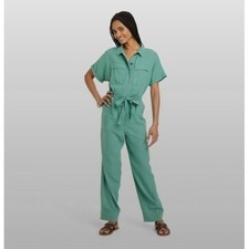 Universal Thread Green Linen Short Sleeve Boilersuit Jumpsuit Womens 2 Utility