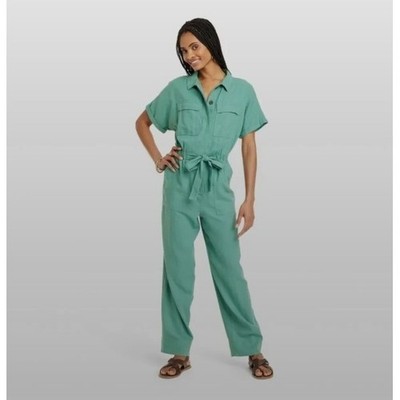 Universal Thread Green Linen Short Sleeve Boilersuit Jumpsuit Womens 2 Utility