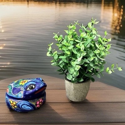 Mexican Folk Art Hand Painted Frog Trinket Box Blue Glazed Terracotta Pottery