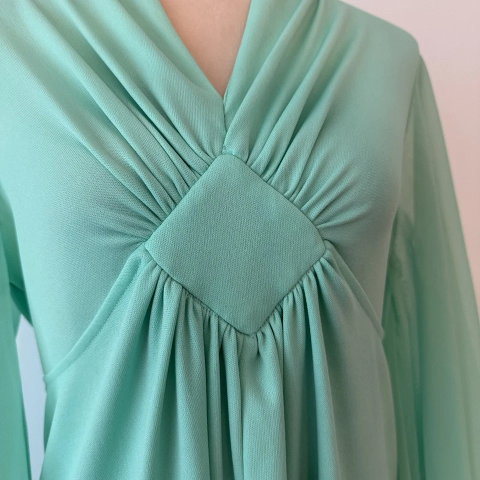 Maxi Vestido Vintage Roaman Años 70 Espuma de Mar Verde Ala de Ángel Cintura Imperio Talla M Foto 3 de 4