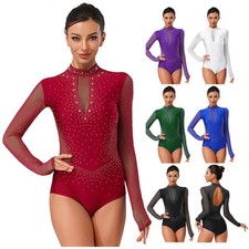 Womens Gymnastics Leotard Back Hollow Out Sheer Mesh Patchwork Glittery Bodysuit